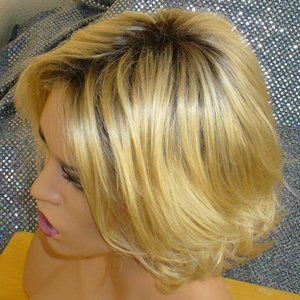 High end blonde rooted short synthetic bob used
